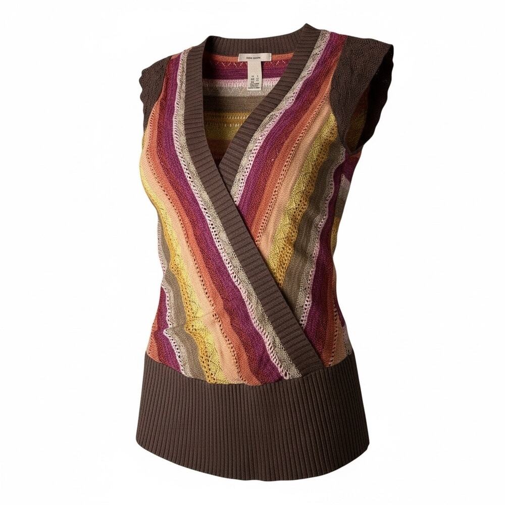DKNY Jeans Crochet Sweater Womens Small V Neck Cap Sleeve Brown Gold Orange Knit
